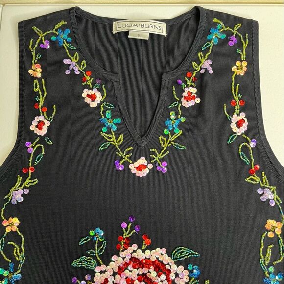 Lucia Burns Sequined Beaded Black Floral Sleeveless Sweater Top Women Size Small - Picture 9 of 15